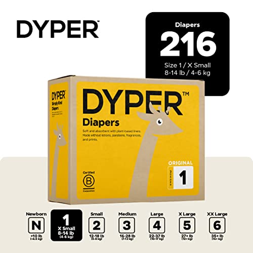 DYPER - Baby Diapers Hypoallergenic Cloth Alternative Day & Overnight Protection - Made with Plant-Based* & Honest Ingredients - Size 1 (216 Count)