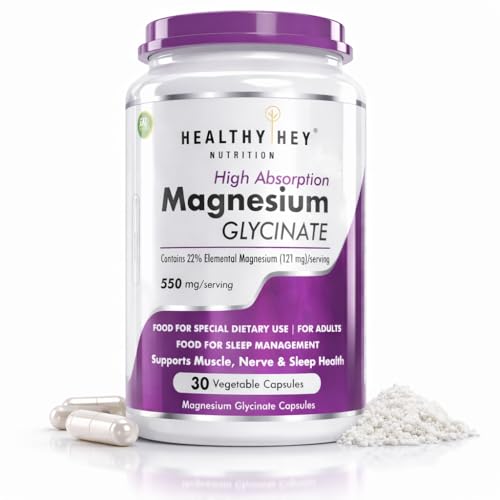 Image of HealthyHey Nutrition Magnesium Glycinate High Absorption for Sleep, Cramps, & Nerves Health -30 Vegetable Capsules