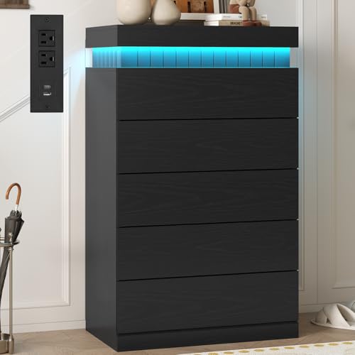 UPOSOJA Tall Black 5 Dresser for Bedroom, Sliding Top Storage Space, Modern Wood Drawers with LED Light and Power Outlet, Large Chest of Drawer for Living Room, Hallway, Entryway (5 Drawers,Black)