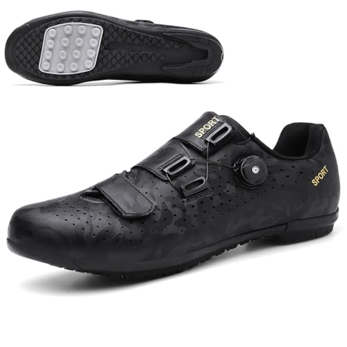 PENXZT Mens Cycling Shoes, Non-Slip Breathable Cycle Shoes Outdoor Indoor No-Lock Flat Bottom Rubber Sole Bicycle Shoes,Black A,10 UK