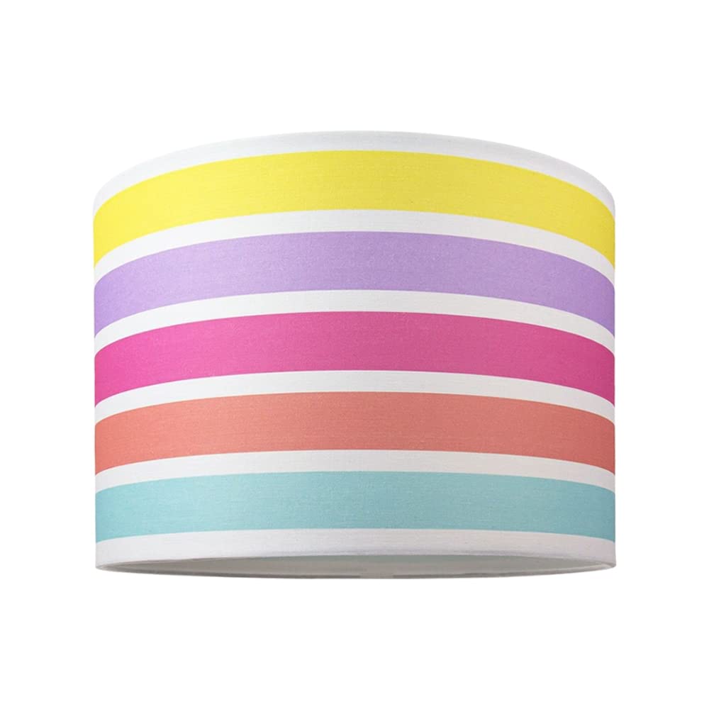 Contemporary and Cute Multi Coloured Rainbow Stripe Cotton Fabric Drum Lamp Shade - 12" for Table Lamp or Pendant Light by Happy Homewares