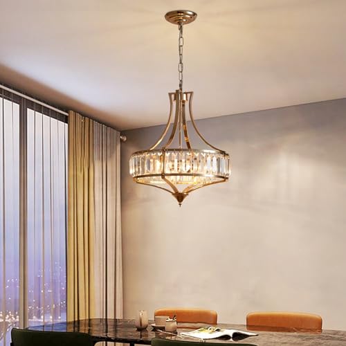 Majhoiw Crystal Chandeliers for Dining Room Modern Farmhouse 4-Light Rustic Mid Century Chandelier with Round Metal Lampshade, Perfect for Hallway Bedroom Foyer, Brush French Glod