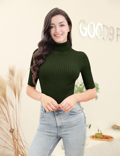 Image of v28 Women Turtleneck 1 /2 Half Sleeve Highly Stretchy Ribbed Knit Fitted Sweater