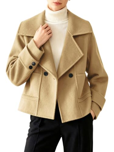utcoco Womens Cropped Wool Coats Notched Lapel Short Pea Coat with Pockets (X-Large, Camel)