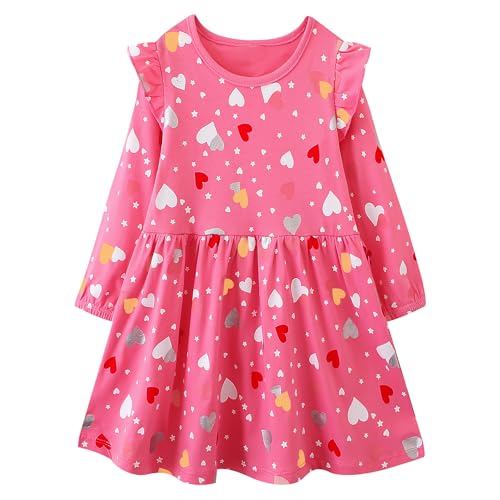 FILOWA Vestido para Niña Infantil Rojo Corazón Estrella Estampado Primavera Disfraz Mangas Larga Dibujos Vestidos Animal Patrón Algodón Moda Casual Ropa Otoño Playa Fiesta Cumpleaños Niños 4-5 años