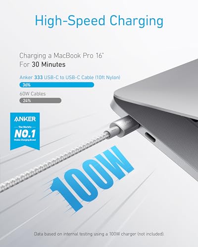 Anker USB C to USB C Cable, 100W Fast Charging Cable (2-Pack, 6 ft, Silver)