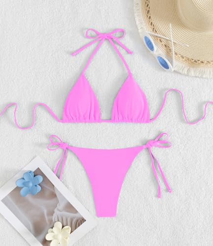 Image of Tainehs Women's Sexy Halter Thong Bikini Tie Two Sides Bottom Triangle Bikini Swimsuits