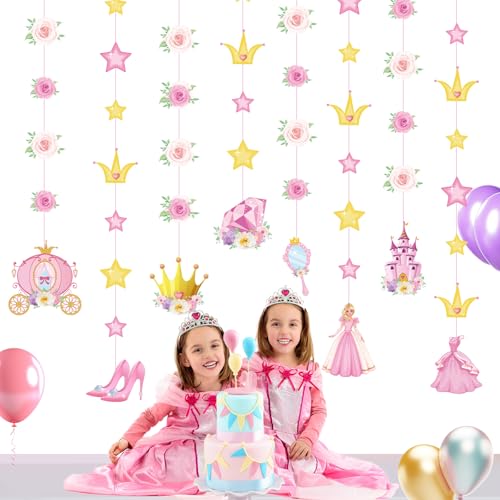 Sinload CII-SINLOAD-393 8 Pieces Floral Princess Party Decorations Princess Theme Garland Banners Pink Gold Princess Castle Crown Carriage Paper Cutouts thumb #3