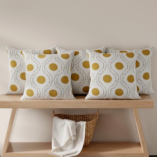 Image of HUESLAND Premium Cotton Cushion Cover 16 inch x 16 inch | Decorative Square Throw Pillow Covers Set for Sofa, Living Room & Bedroom | Set of 5 | Natural, Golden Ochre & Bistre