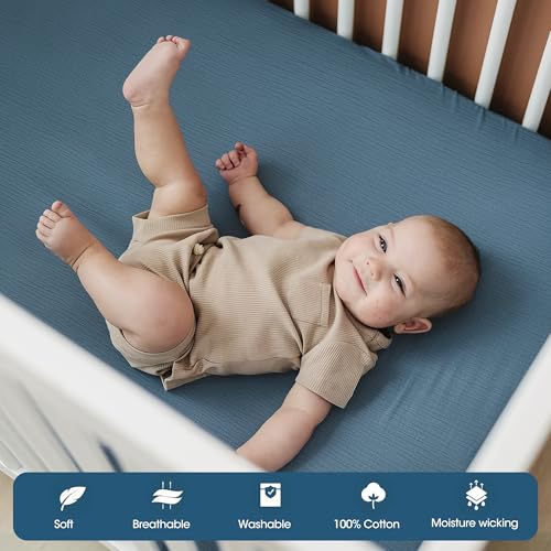 Image of GRSSDER 100% Cotton Muslin Crib Sheet 2 Pack - Breathable & Ultra-Soft Fitted Crib Sheets for Standard Baby & Toddler Mattresses, 52 inchx28 inch with 9 inch Deep Pocket, Snug Fit All-Around Elastic