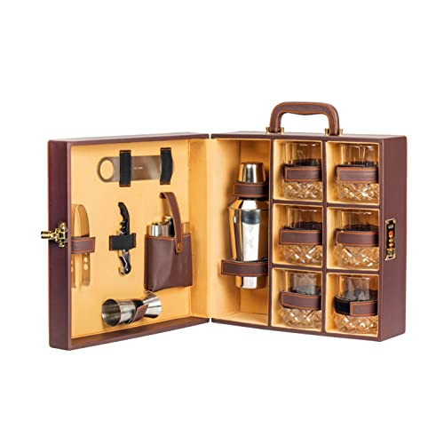 Abrazo Faux Leatherette Portable Bar Set | Portable Bar Set | Leatherette Bar Tool Set | Brown 6 Glass |Cocktail Shaker
