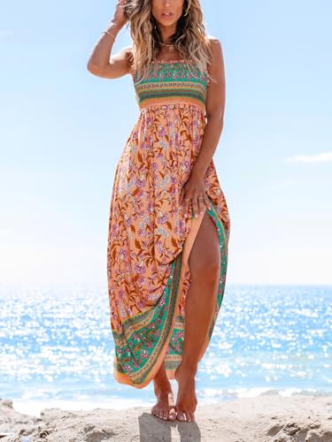 Image of CUPSHE Women Spaghetti Straps Boho Maxi Dress Summer Sleeveless Smocked Floral Beach Long Dress Flowy Cruise Vacation Outfits