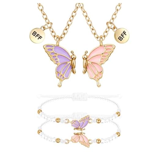 MJartoria BFF Necklace and Bracelets for 2-Butterfly Friendship Necklace Bracelet Best Friend Necklace Matching Necklace Bracelets Gifts (Pink+Purple-Gold)