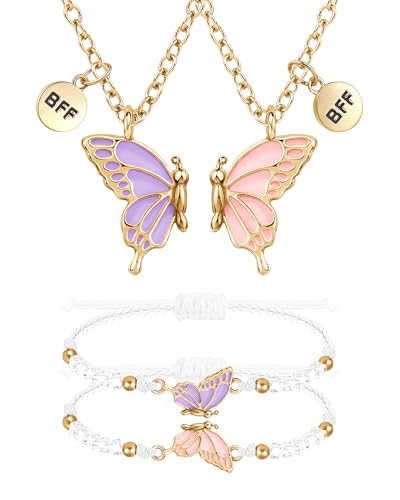 MJartoria BFF Necklace and Bracelets for 2-Butterfly Friendship Necklace Bracelet Best Friend Necklace Matching Necklace Bracelets Gifts