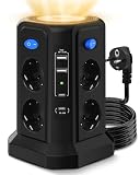 Torre Regletas Enchufes con Luz Nocturna y Carga Rápida PD 20W, Regleta Vertical 4000W 16A con Cable 3M, Protección Sobretensión, 8 Tomas y 4 USB, 4 Interruptores Independientes para Oficina y Casa