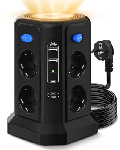 Torre Regletas Enchufes con Luz Nocturna y Carga Rápida PD 20W, Regleta Vertical 4000W 16A con Cable 3M, Protección Sobretensión, 8 Tomas y 4 USB, 4 Interruptores Independientes para Oficina y Casa