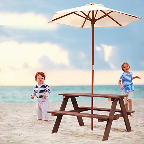 Costzon Kids Picnic Table, Wooden Table & Bench Set W/Removable & Foldable Umbrella, Toddler Patio Set For Backyard, Garden, Lawn, Girls & Boys Gift, Kids Table And Chair Set For Outdoors (Natural) #TOP2