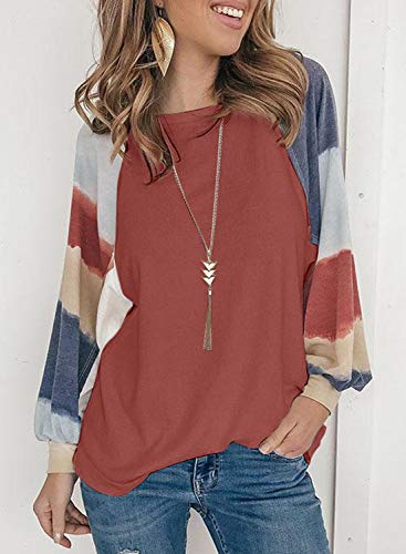 Asvivid - Blusa feminina casual, solta, de manga comprida, gola redonda, estilo túnica, C Red, M