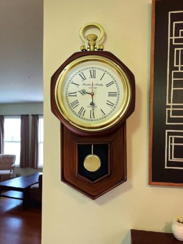 Image of Franklin & Murphy Vintage Wall Clock with Pendulum | Antique Wooden Wall Clock Oxford Design | Roman Numeral Decorative Clock | Silent Quartz Non-Ticking Classic Wall Decor