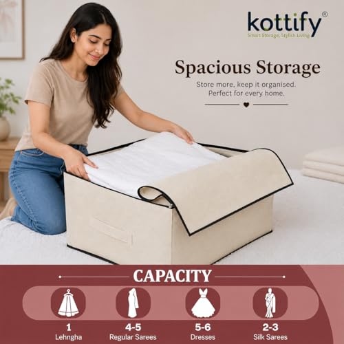 Image of Kottify Pack of 2 Cotton Canvas Clothes Storage Bags /Saree Covers with Zip for Storage Specially Design for Woman Dresses, Sarees, Lehengas for Wardrobe Organizer (17 x 14 x 7 Inch)
