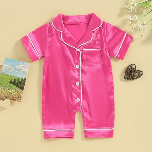 Multitrust Newborn Baby Boy Girl Silk Pajamas Short Sleeve Button Up Satin Pjs One Piece Romper Onesie Shorts Baby Sleepwears2