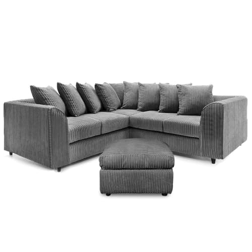 2c2 Corner Settees - Elegant Jumbo Cord 5 Seater Sofa - Grey Dual Arm Sofas - Durable Scatter Back Couches - L Shaped Sofa with Footstool for Lounge Living Room (5 seater sofa with footstool)