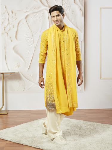 Image of VASTRAMAY Men Men's Yellow Georgette Kurta Patiala And Dupatta Set