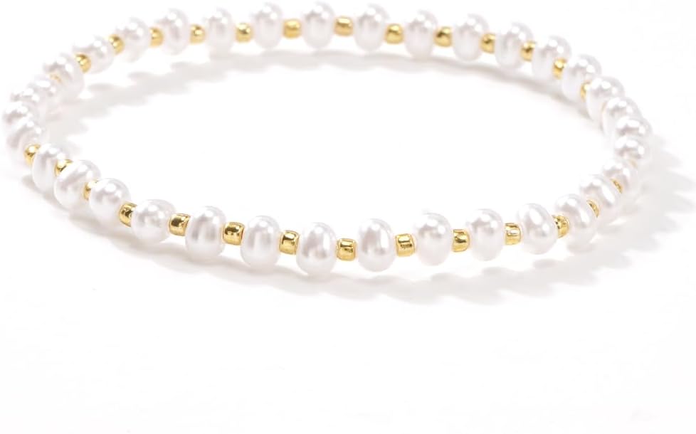 4Pcs Stack Gold Plated Seed Bead Bracelets Set for Women,Elegant Dainty Trendy Paperclip Link Chain Freshwater Pearl Stretch Accessories Ball Jewelry,Daily Friendship Gift - Image 7