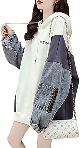 Amazon Co Jp デニム パーカー レディース ゆったり フード付き 長袖 切り替え トレーナー 韓国ファッション 秋 プルオーバーパーカー オーバーサイズ 大きめ トップス かわいい 原宿系 ホワイト L ファッション