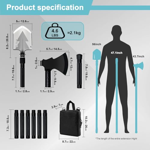 Miniatura 2 de Gojaway Kit De Supervivencia De Hacha De Pala De Equipo De Campamento Al Aire Libre, Kit De Senderismo Todoterreno De 55 Pulgadas Para Aventura, Jardín, Atrapamiento De Coche, Emergencia, Pala