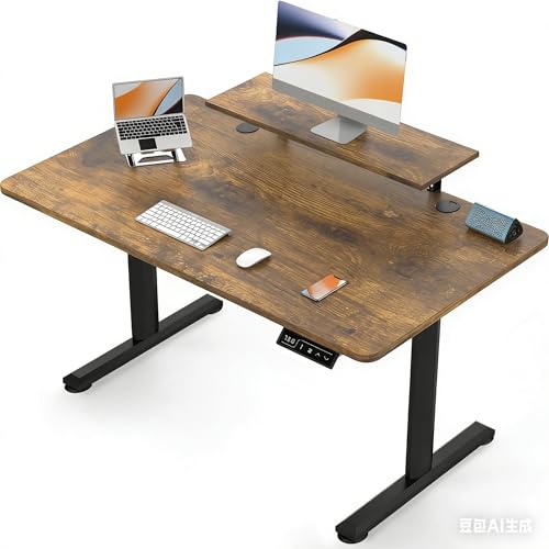 Devoko 160 × 70 cm Bureau Assis Debout avec Support d'écran, Bureau Réglable en Hauteur avec 2 Hauteur de Mémoire, pour l'étude（Marron,160cm）