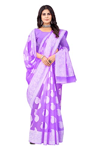Image of Flosive Women's Beautiful Light Color Kanjivaram Silk Saree With Zari Weaving (PURPLE)
