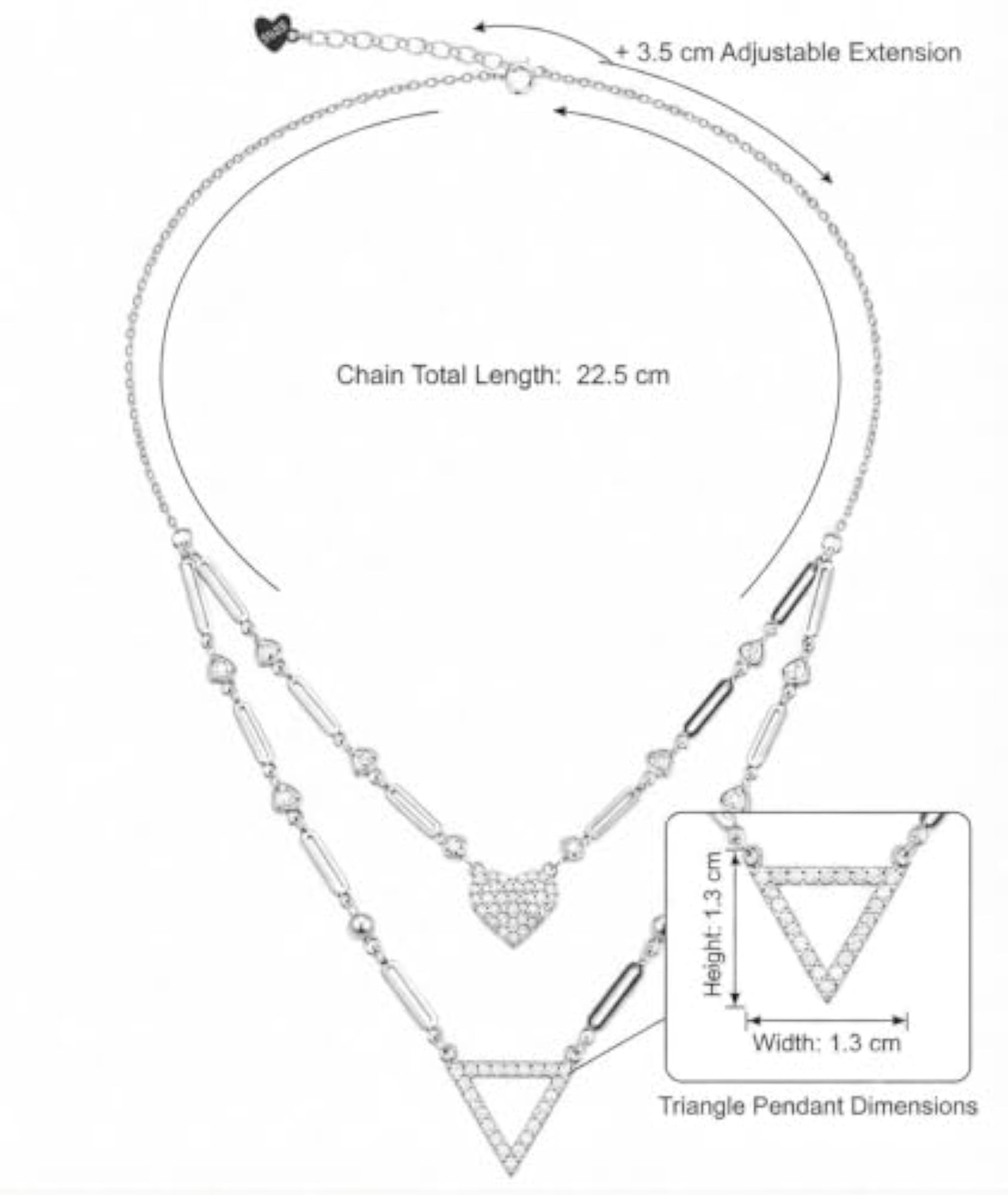 Women's Sterling Silver 925 Layered Heart Triangle Necklace