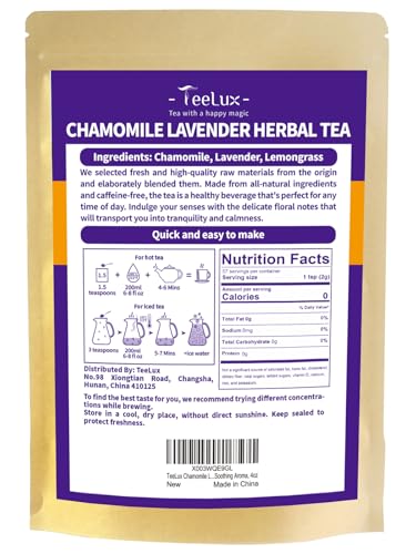 Image of TeeLux Chamomile Lavender Tea, Chamomile with Lavender and Lemongrass, Caffeine Free, Hot & Iced Tea, Soothing Aroma, 4oz