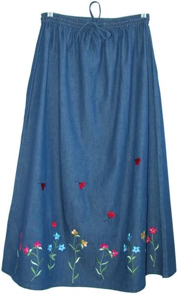 LA CERA Women's Blue Denim Embroidered A-Line Long Skirt with Drawstrings, Casual Floral Midi Length Elastic Waist