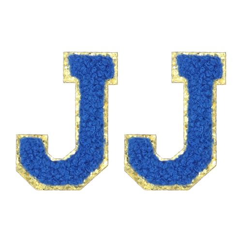 MECCANIXITY Chenille Letter Patches 2.2" Self Adhesive Alphabet J Stick on Embroidered Patch Sew on Letter Stickers Applique for Repairing Clothing Jeans Shoes Hats DIY(Blue, Pack of 2)