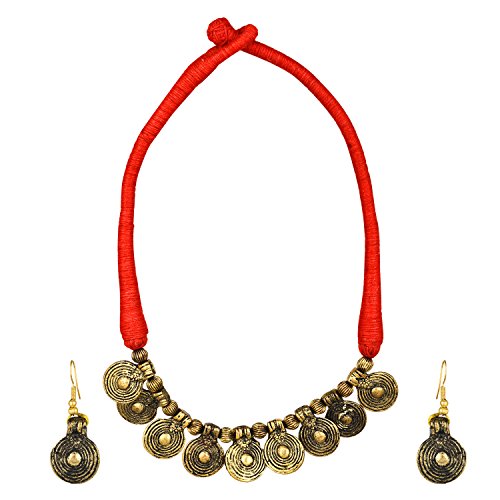 Aradhya Designer Handmade Indian Thread Work Red Antique Coin Necklace with Earrings