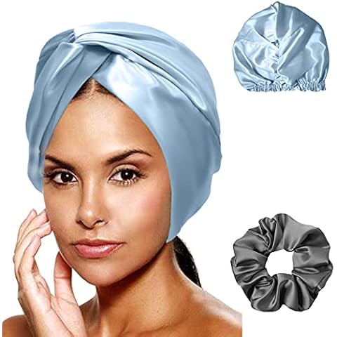 Cozysilk Silk Turban/Silk Bonnet - Double-Lined Pure Mulberry Silk 22 Momme - Including 1 Silk Scrunchy, Hair-Friendly and Lightweight Head Wrap + Sleep Cap for Curly/Thick Hair Types (Grey Blue) Cover