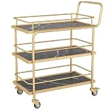 Gold Barwagen auf Rädern, Servierwagen mit feststellbaren Rollen, Mehrzweck-Holz- und Metallaufbewahrungswagen für Küche, Wohnzimmer & Hausbar