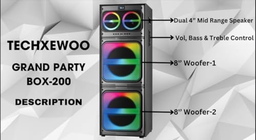Image of TECHXEWOO Grand Party Box 200 Home Theater Tower Speaker with 300 Watts RMS, Double 8 inch woofer, Bluetooth,TWS, USB,Digital FM and Wide connectivity Options via Aux in.