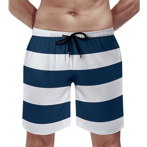 Navy Blue and White Stripe Men's Swim Trunks Summer Beach Shorts Casual Board Shorts Golf Shorts
