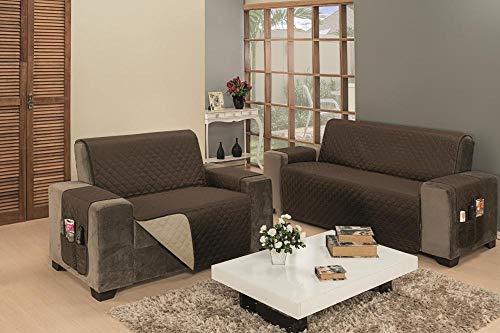 Mr Enxovais Protetor de Sofá Impermeável 2 e 3 Lugares Padrão Liso Dupla Face Tecido Microfibra Kaqu