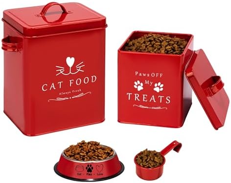 Meraki Home Farmhouse Cat Food and Treats Containers + Feed Scoop + Pet Food Bowl