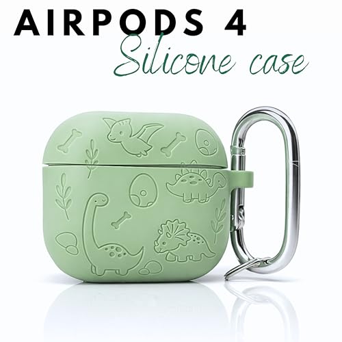 Image of Emoh Roced Case for Airpod 4 with Keychain,Silicone Dinosaur Engraved Cases Compatible with Apple AirPods 4th Generation 2024, Anti-Scratch, Protective Case Cover (Mint Green, for AirPods 4)