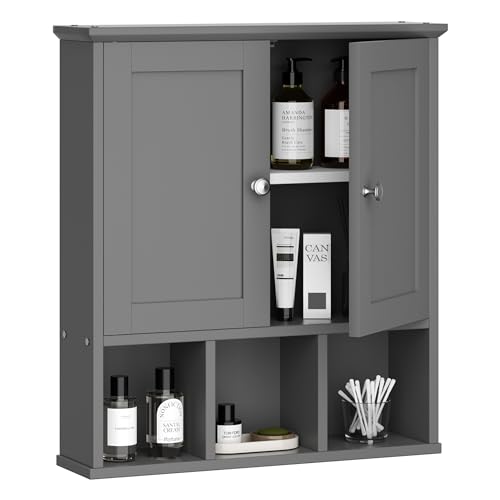 Shintenchi Bathroom Wall Cabinet with Door, Storage Organizer Over The Toilet Medicine, Space Saving with Adjustable & Open Shelf, Grey by Shintenchi - Used condition - CA$62.33