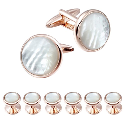 Mens Mother of Pearl Cufflinks and Dress Studs Set for Tuxedo Wedding Party