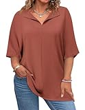 Lueluoye Womens Plus Size 3/4 Sleeve Blouses V Neck Casual Tunic Tops Caramel 3XL