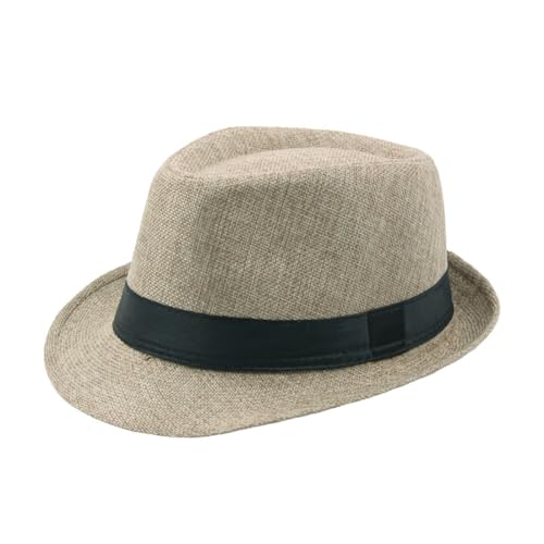 Mens Panama Fedora Hat Unisex Summer Sun Hat Short Brim Cuban Trilby Derby Jazz Cap Packable Beach Dad Hat, Beige, Medium