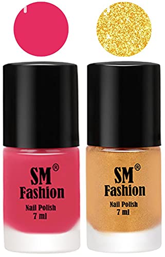 Image of Long Lasting Nail Polish | Nail Paint Combo 7 ml Each) - Set of 2 Dark Rose Pink-Light Golden