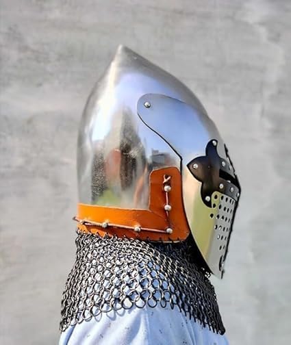 Medieval Knight Helmet with Chainmail, 18 Gauge Steel, Silver Polish Finish, LARP Costume Armor
